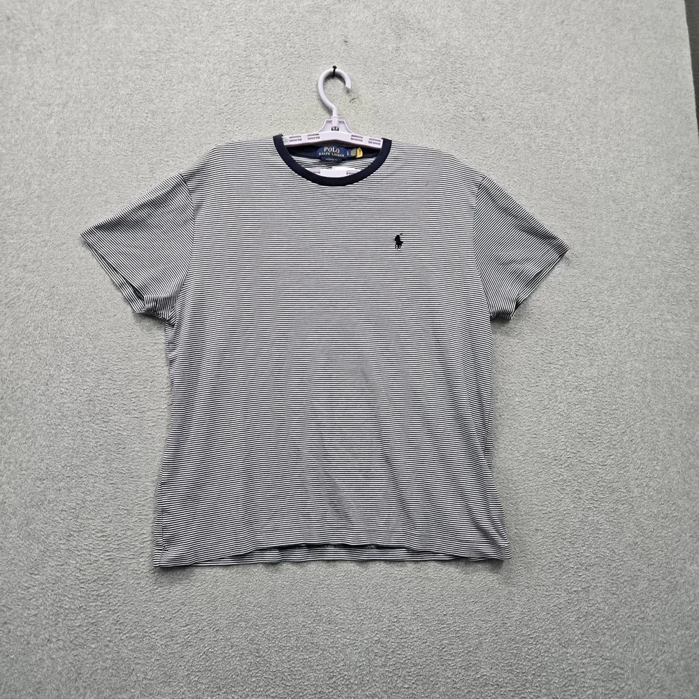 Polo Ralph Lauren Men Shirt L Navy Embroidered Striped Logo Classic Short Sleeve